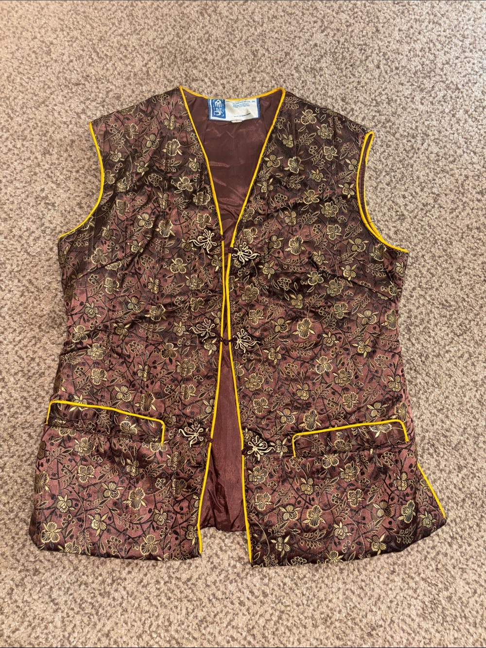 Embroidered Floral Brocade Vest with Yellow Trim Large